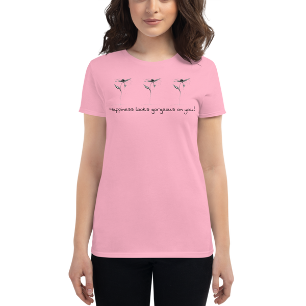 Women's short sleeve t-shirt "Happiness Looks Gorgeous on You" Artwork designed by Kathy Morawiec