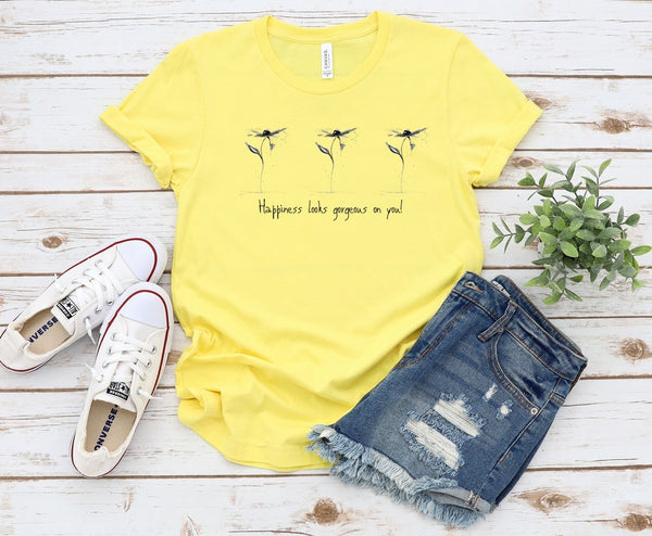 T shirt by JETT IMPRESSIONS "Happiness Looks Good on You" Womens Inspiring T-Shirt Artwork by Kathy Morawiec