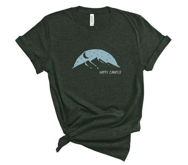 T shirt by JETT IMPRESSIONS "Happy Camper" Mountain graphic Short Sleeve Unisex T shirt