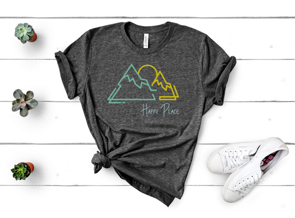 T shirt by JETT IMPRESSIONS "Happy Place" Mountain graphic Short Sleeve Unisex T shirt