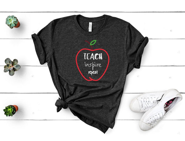 T shirt by JETT IMPRESSIONS "Teach Inspire Repeat" Teacher T shirts for Women