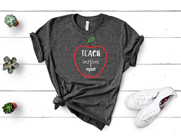 T shirt by JETT IMPRESSIONS "Teach Inspire Repeat" Teacher T shirts for Women