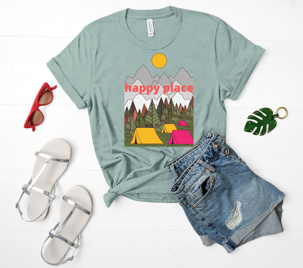 T shirt by JETT IMPRESSIONS "Happy Place" Camping Short Sleeve Womens Tshirt