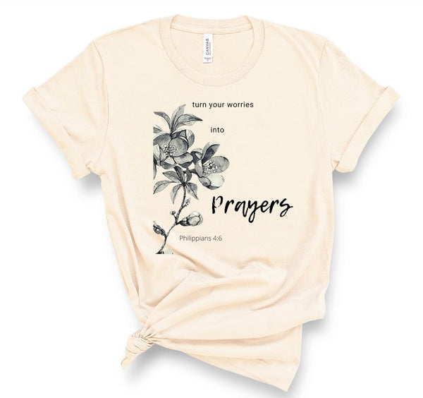 T shirt by JETT IMPRESSIONS "Turn Worries into Prayer" Christian shirts Women