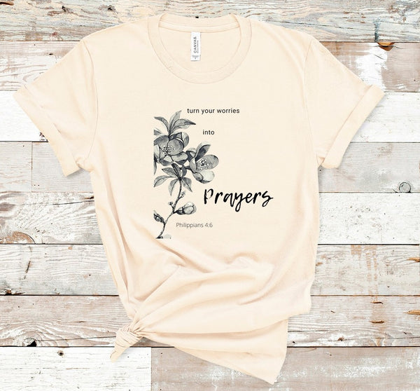 T shirt by JETT IMPRESSIONS "Turn Worries into Prayer" Christian shirts Women