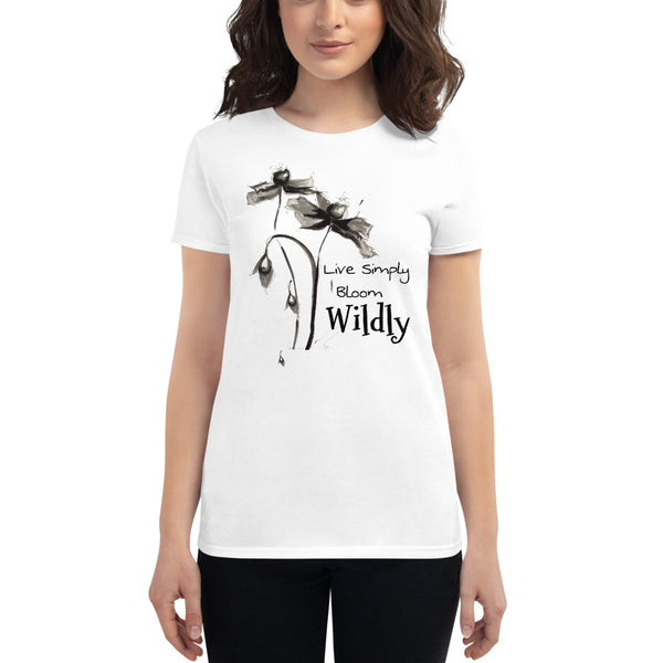 Women's short sleeve t-shirt "Live Simply Bloom Wildly" Artwork designed by Kathy Morawiec