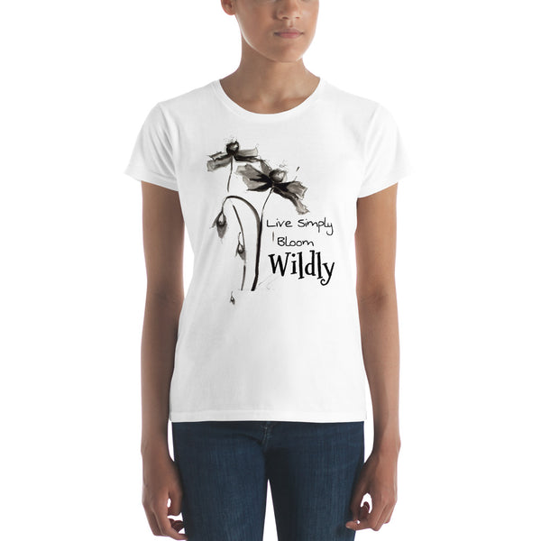 Women's short sleeve t-shirt "Live Simply Bloom Wildly" Artwork designed by Kathy Morawiec