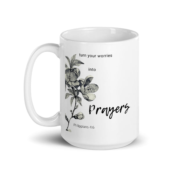 Mug by JETT IMPRESSIONS with Religious Bible Verse Saying "Turn Your Worries into Prayers" Philippians 4:6 Coffee or Tea Cup