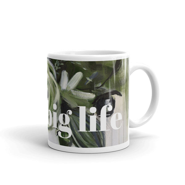 Mug by JETT IMPRESSIONS with Inspiring Saying "Live a Big Life" Coffee or Tea Cup Abstract Floral Design in Green Black and White by Kathy Morawiec Artist